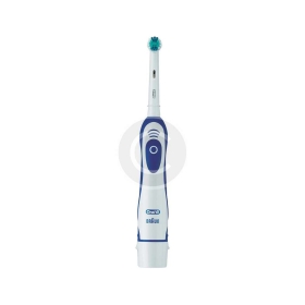 Electric toothbrush with round brush head and ergonomic handle.