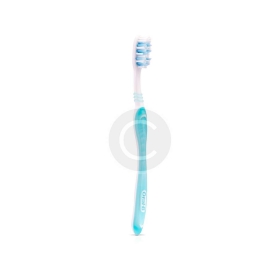 A light blue toothbrush with white bristles on a white background.