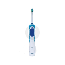 A white and blue electric toothbrush with a round brush head.