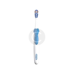 An electric toothbrush with a blue and white handle.